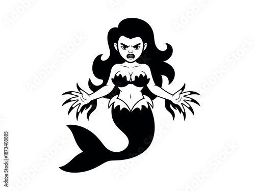 A cartoon mermaid with an angry expression and sharp claws on her hands.