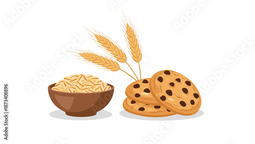 Wholesome image featuring a bowl of healthy oats and a stack of delicious chocolate chip cookies, accompanied by golden wheat stalks, symbolizing baked goods.