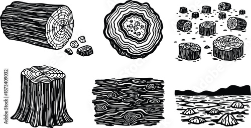 Woodcut style top view and side view tree log and stump collection showing rings bark texture scattered cut rounds on white background bold graphic high contrast