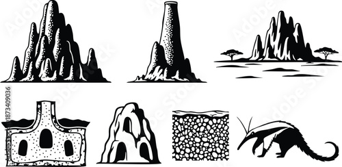 Line art scientific illustrations of termite mound ant hill cross sections and african landscape with anteater profile several mound shapes and ecological detail closeup silhouette textured