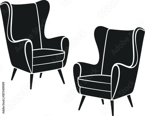 A minimalist illustration of two black wingback chairs with white outlines on a plain white background