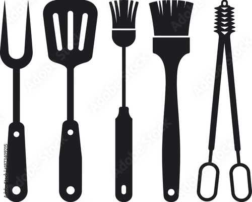 A set of black silhouettes of barbecue utensils on a white background