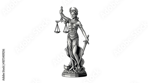 Majestic monochrome rendition of Lady Justice (Themis) with a blindfold, sword, and scales, powerfully representing universal principles of law and fairness.