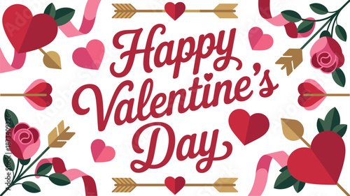 A festive Happy Valentine's Day graphic with hearts and roses