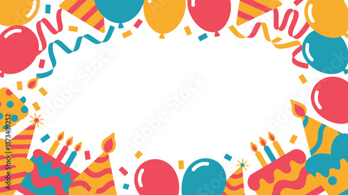 A colorful birthday party border with balloons and confetti on a white background