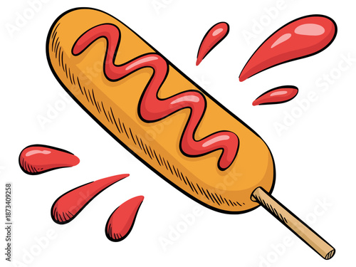 A cartoon illustration of a corn dog with ketchup on a stick
