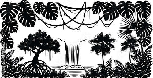 Papercut silhouette jungle waterfall framed by monstera vines and palm trees with mangrove roots ferns hanging moss close up landscape vector art high contrast low angle