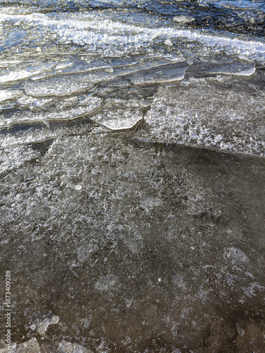 Thin ice layer breaking on river surface during seasonal thaw.Concept of abstract natural texture for background, climate change, environmental design.