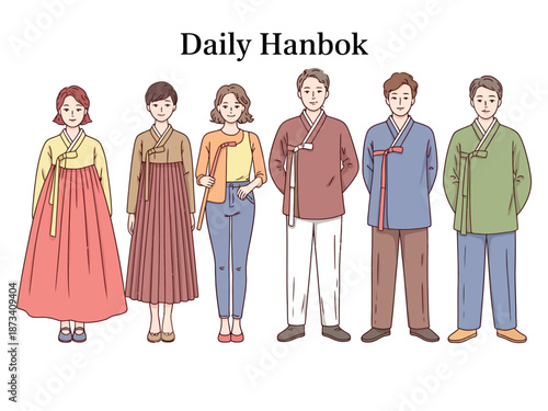 A group of people wearing traditional Korean daily Hanbok clothing standing together