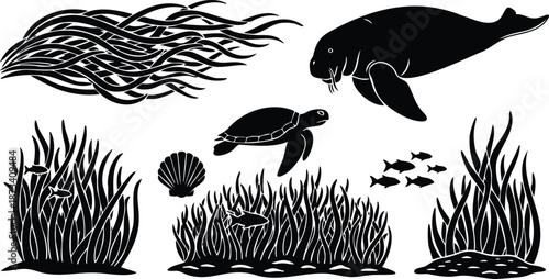 Flat vector seagrass and marine life silhouettes with swimming manatee and sea turtle near scallop shell and small fish in high contrast side view floating layout