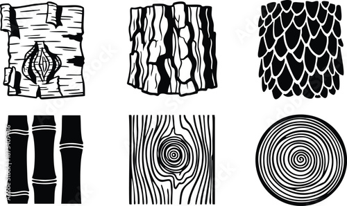 Woodcut style detailed wood texture icons set close up top view bark knot rings bamboo scales square panels bold line art vector isolated black white patterns
