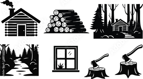 Woodcut style rustic log cabin with smoking chimney stacked logs forest path window axe on stump low angle pine trees morning mist silhouette black vector artwork