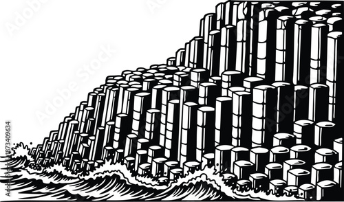 Monochrome line art basalt column coastline with crashing waves low angle perspective intricate hexagonal pillars rocky shore dramatic high contrast vector engraving ink texture foreground foam