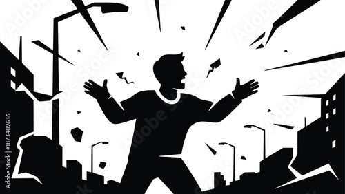 Silhouette man shouting arms out amid urban explosion cracked buildings flying debris streetlights dramatic high contrast vector art dynamic motion bold black white graphic poster illustration