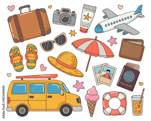 A colorful illustration of various travel related items and accessories for a fun vacation