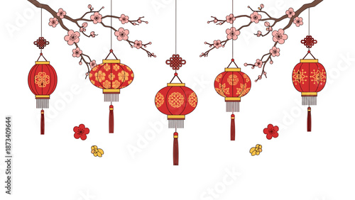 Symmetrical arrangement of traditional red Chinese lanterns and delicate cherry blossoms, accented with lucky coins and small flowers, symbolizing prosperity and festive charm.