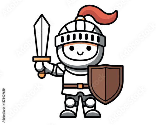 A cartoon knight in armor holding a sword and shield with a cheerful expression