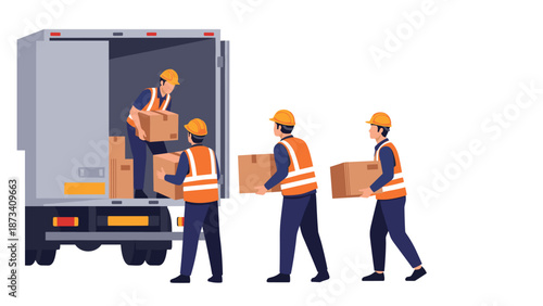Group of diligent warehouse workers wearing hard hats and safety vests efficiently unloading numerous cardboard boxes from the back of a delivery truck.