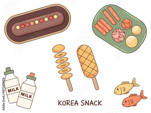 A colorful illustration of various Korean snacks and milk bottles on a white background