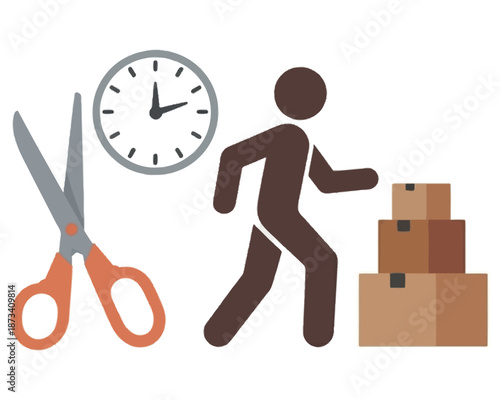 A person runs with cardboard boxes next to a clock and scissors