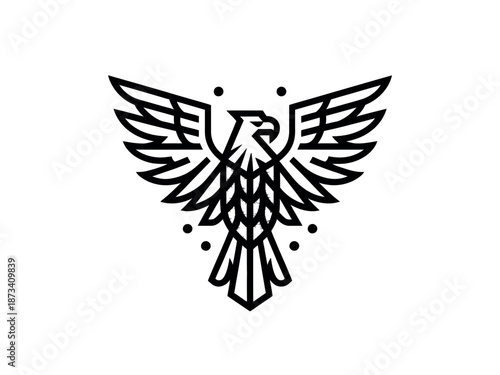 A stylized black and white illustration of an eagle with outstretched wings on a plain background