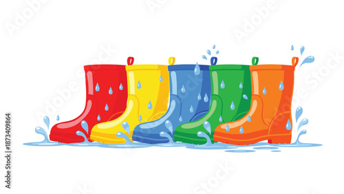 Row of five vibrant children's rain boots in red, yellow, blue, green, and orange, surrounded by playful water splashes and raindrops.