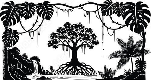 Silhouette mangrove tree with exposed roots framed by tropical leaves and dangling vines waterfall on left palm trees on right calm reflective water flat design vector