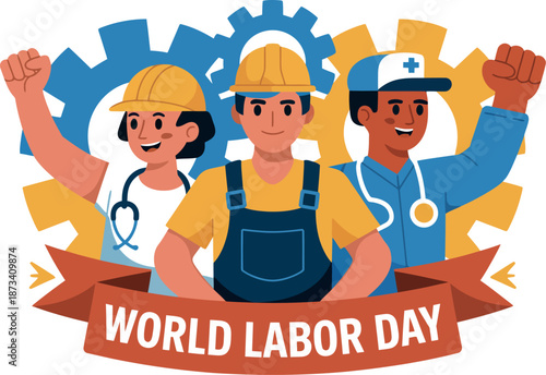 Three workers celebrating World Labor Day with a banner and gears