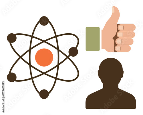 A person giving a thumbs up with an atom symbol representing science and approval