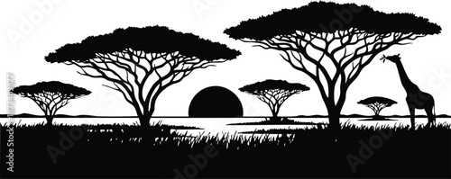 Flat silhouette acacia trees and lone giraffe grazing near river with low sun half hidden behind horizon wide panorama vector scene tranquil soft evening mood contrast