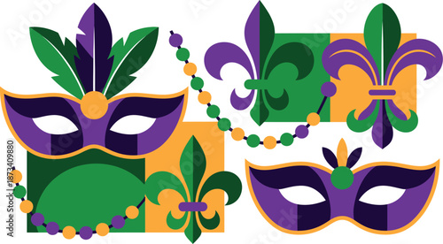 A colorful illustration of Mardi Gras masks and fleur-de-lis symbols on a white background