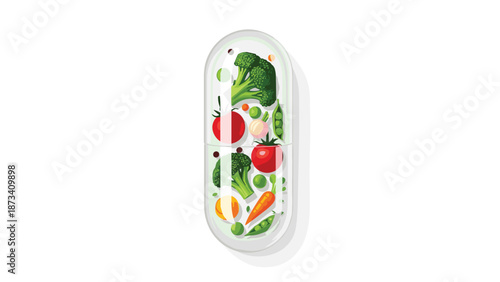 Innovative illustration of a transparent capsule meticulously filled with a vibrant assortment of fresh vegetables, representing natural supplements and nutrition.