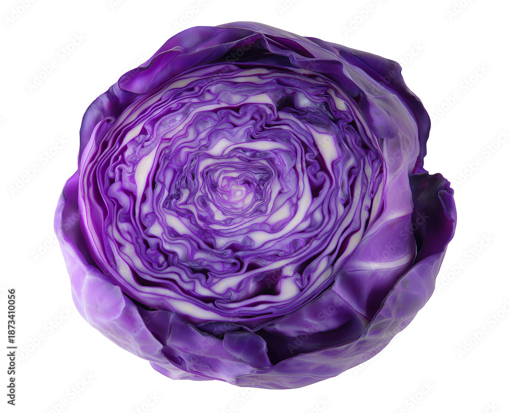 Obraz premium Half cut red cabbage showing vibrant purple layers, isolated on white, png