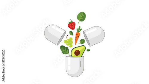 Dynamic illustration of an open transparent capsule with a burst of various fresh fruits and vegetables, symbolizing a healthy diet and natural energy.