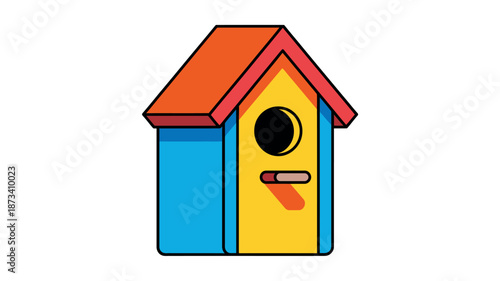 A colorful cartoon birdhouse with a red roof and blue walls