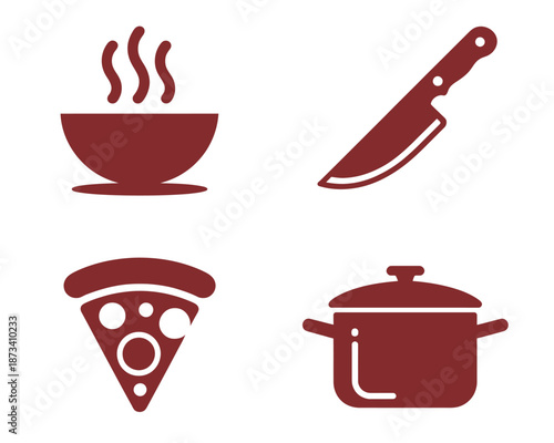 A set of red icons representing various cooking and food related items on a white background