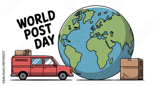 A colorful illustration celebrating World Post Day with a delivery van and globe