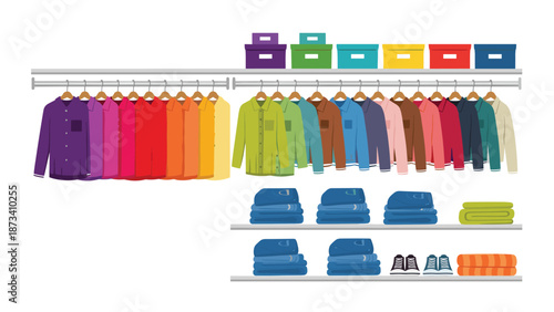 Vibrant and organized closet displaying an array of colorful shirts on hangers, neatly folded towels, and shoes, showcasing a well-managed wardrobe.