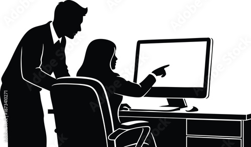 Silhouette vector flat design close up coworker woman pointing at monitor while seated man leans over office desk viewed from side high contrast workspace interaction training