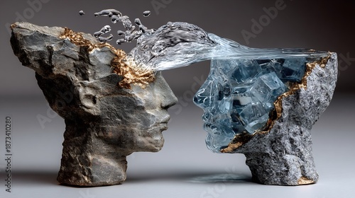Fluid intelligence v crystallized intelligence human head made of solid unmoving rock crystallized next human head made of flowing shifting water fluid cognitive aging concept elemental surrealism