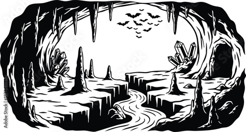 Line art cavern interior with crystalline clusters stalagmites winding river bats flying view from entrance low angle silhouetted cave mouth rocky ledge monochrome vector high contrast