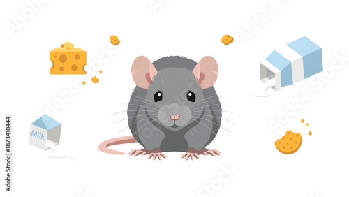 Cute gray mouse sitting amidst tempting treats like cheese, milk cartons, and a bitten cookie, on a white background.