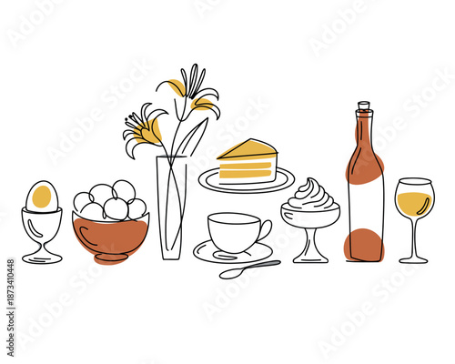 A beautifully set table with a variety of food and drink items, including cake, eggs, and wine.