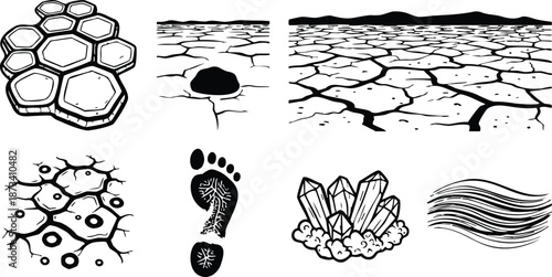 Line art cracked earth icon set showing dried ground and footprint with crystals and flowing lines in minimal black outline vector collection for environmental design editorial