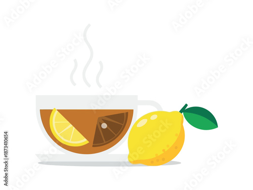 A steaming cup of tea with lemon slices and a whole lemon beside it