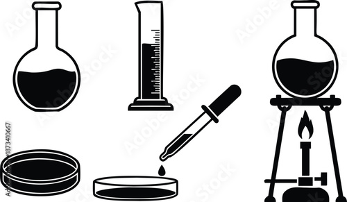 Flat design laboratory equipment vector set showing round bottom flask beaker pipette dropping liquid petri dish graduated cylinder tripod with burner side view isolated icons black