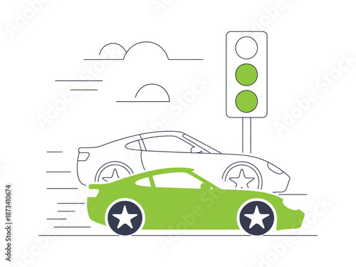 A green sports car speeding past a white car at a green traffic light on a sunny day