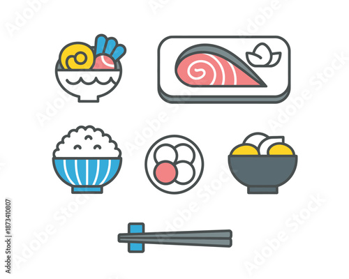 A set of colorful Japanese food icons including sushi and rice bowls