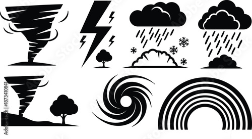 Flat design weather icon set close up tornado spiral hurricane bolt tree rain snow cloud and rainbow simple black silhouette vector icons for infographic and signage