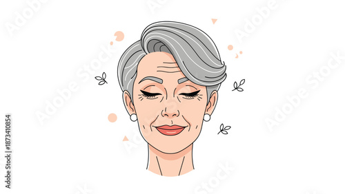 Serene portrait of an elegant mature woman with closed eyes and graceful grey hair, surrounded by delicate leaves, embodying peaceful beauty and anti-aging.